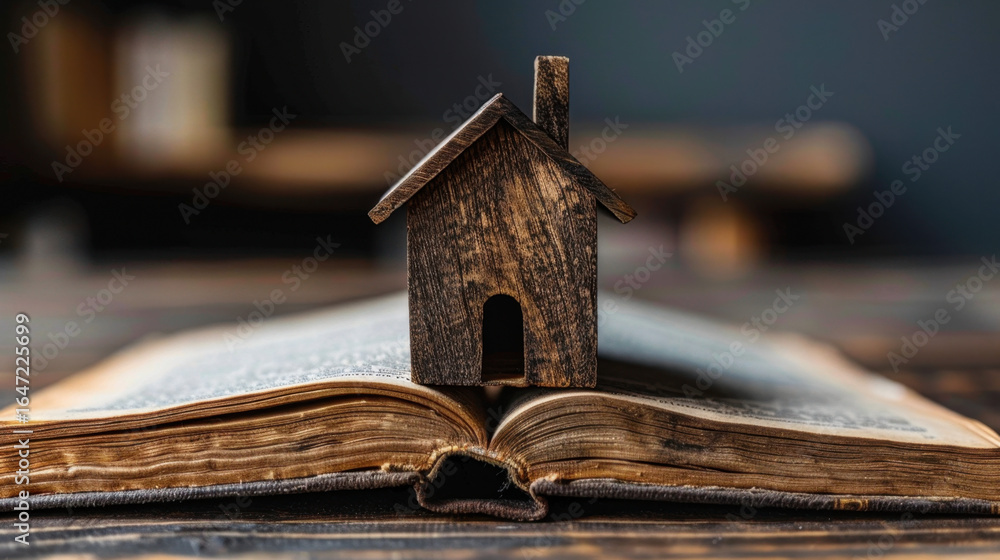 Poster model house resting on open book symbolizes learning and knowledge. this creative representation hig
