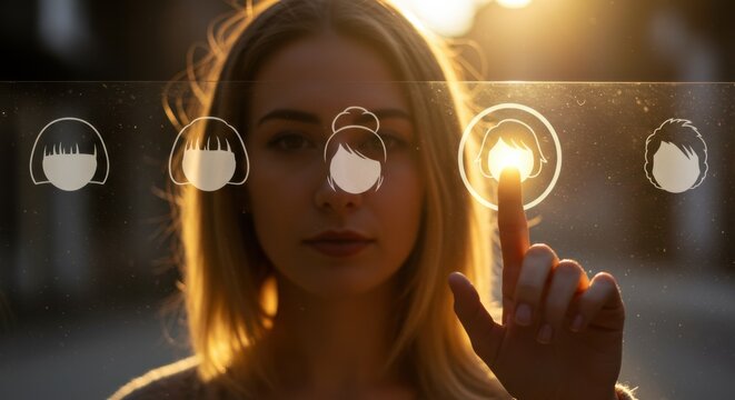 A woman touching a virtual screen with user profile icons. Choosing an avatar or setting up a personal account on a digital interface.