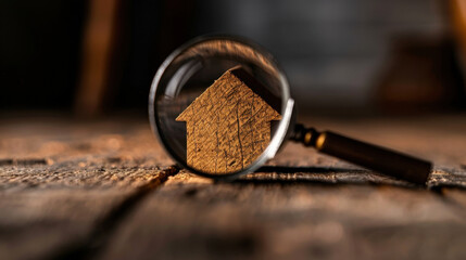 Magnifying glass focuses on wooden house symbol, highlighting details of home and comfort. warm tones and textures evoke sense of nostalgia and security