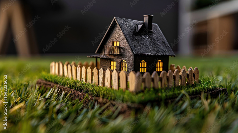 Poster miniature model house with tiny picket fence sits manicured lawn, illuminated from within, creating 