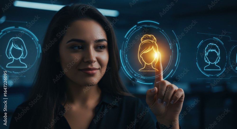 Fototapete woman selecting a profile icon on virtual screen. social network user selection. digital identity an
