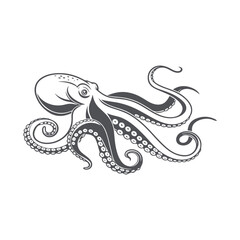 Fototapeta premium Black and White Octopus Vector Illustration. Detailed Marine Cephalopod with Curled Tentacles Isolated on White Background
