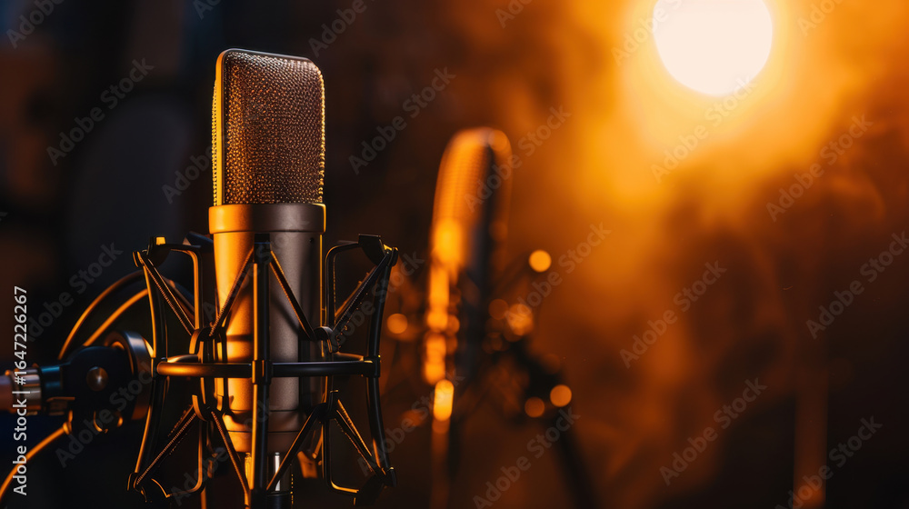 Poster professional microphone setup for audio recording in studio environment, featuring two microphones w