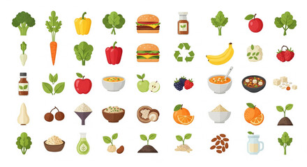 Vegan Food Icons Set on White Background