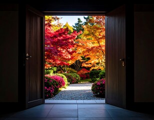 Open wooden doorway reveals a vibrant autumn garden scene with colorful foliage.
