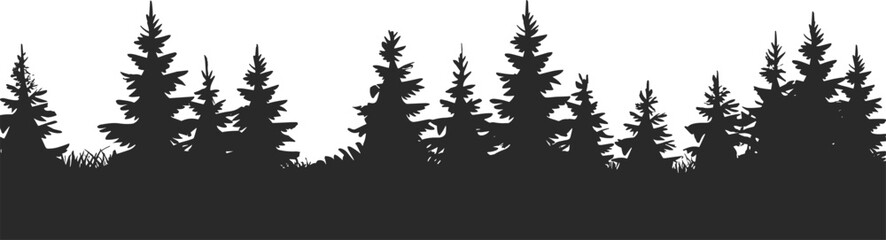 Silhouette illustration of pine tree forest with grass, vector landscape design, perfect for outdoor scenes, woodland backgrounds, nature banners