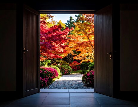 Open wooden doorway reveals a vibrant autumn garden scene with colorful foliage.