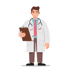 Fototapeta premium Smiling Doctor Holding Clipboard Wearing White Coat and Stethoscope on Transparent