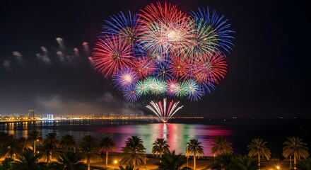 Obraz premium Spectacular Fireworks Display Over Coastal City Illuminating the Night Sky with Vibrant Colors