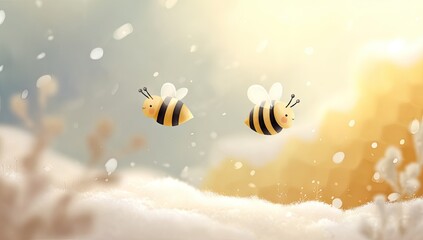Two cute bees flying through a snowy winter landscape