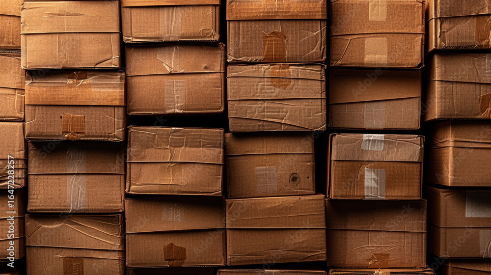 Aufkleber stack of cardboard boxes with various shipping labels, showcasing mix of sizes and conditions, creat