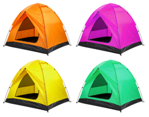 group of camping tent in four colors isolated on white background