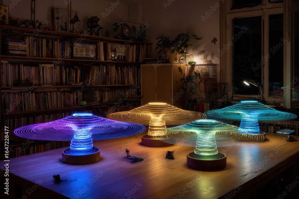 Poster a modern table illuminated with a variety of colorful lights, creating a vibrant and dynamic atmosph