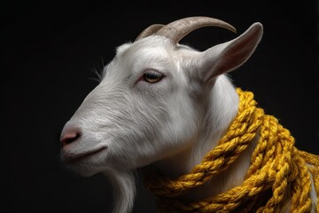 Fototapeta premium White Goat with Yellow Rope Collar in Dramatic Studio Lighting 