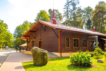 Restaurant building house hut in the forest National Park Belarus.