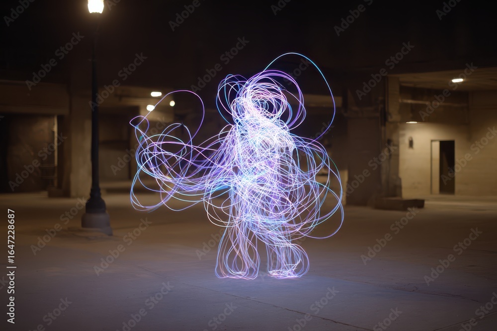 Poster a mesmerizing light painting of a person with a glowing light trail, creating a stunning visual effe