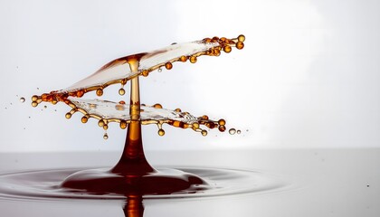 A captivating high-speed photograph of a liquid drop collision, creating a stunning umbrella-shaped splash with intricate details and ripples.