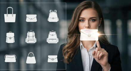 Woman touching virtual online shop interface for handbag selection. Digital shopping experience and futuristic e-commerce concept.