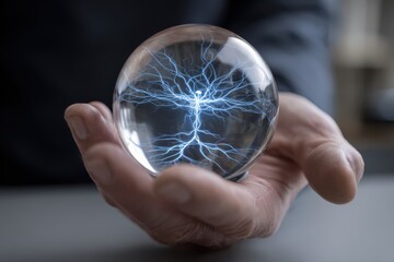 A person holding a crystal ball with lightning inside, showcasing a mystical and futuristic concept.