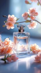 Elegant perfume bottle surrounded by delicate blossoms
