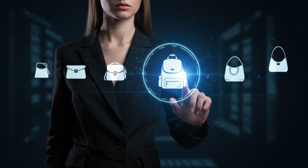 Business woman touching virtual screen with backpack icon. Online bag store. Trendy style accessory. Fashion e-commerce concept.