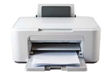 White all in one printer with paper loaded on black background