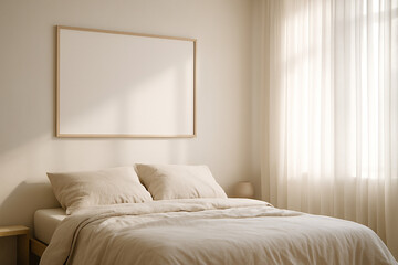 Horizontal frame mockup, minimalist bedroom interior, wall art display template, serene home decor, neutral color background, peaceful and tranquil mood