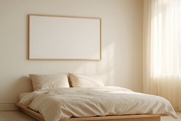 Horizontal frame mockup, minimalist bedroom interior, wall art display template, serene home decor, neutral color background, peaceful and tranquil mood