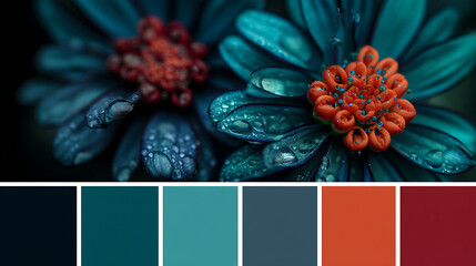 Dramatic macro of teal blue flowers with a complementary orange color palette