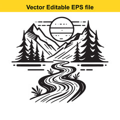 Stylized river flowing through a forest with a sun and mountains, vector art
