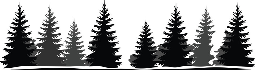 Winter pine tree forest silhouette, conifer landscape vector illustration, snow-covered evergreen trees, natural outdoor scene for seasonal design, nature, park