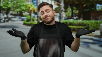 Fototapeta premium Young bearded man in apron with gloves shrugs on street with city background outdoor showcasing casual waiter theme