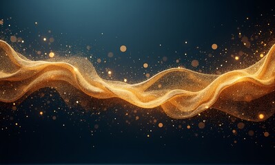 An elegant golden abstract wave, composed of shimmering particles and sparkling lights, flows gracefully across a deep, dark background.