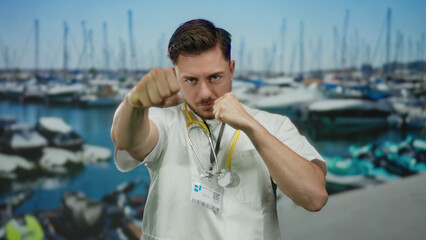 Young man with beard wearing doctor coat and stethoscope poses in a fighting stance at a seaside...