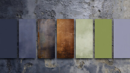 Textured material samples on a rugged concrete wall for design inspiration