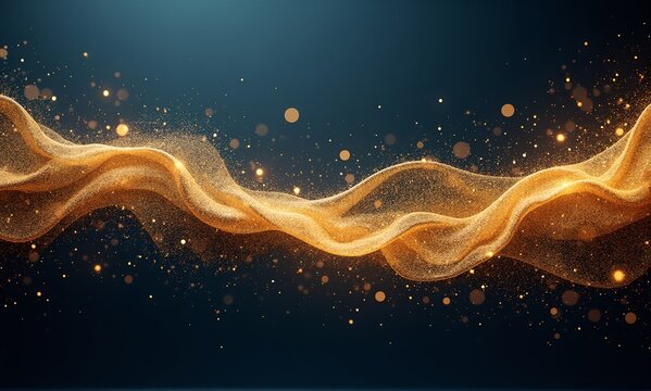 An elegant golden abstract wave, composed of shimmering particles and sparkling lights, flows gracefully across a deep, dark background.