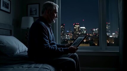 A lonely elderly man sits by a window at night, holding a framed photo, lost in memories and nostalgia, representing grief, bereavement and the experience of solitude