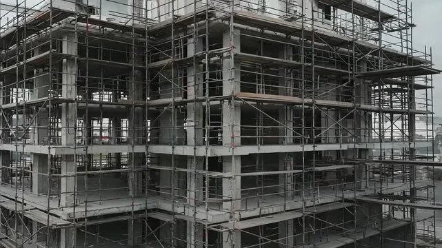 Construction site with scaffolding and concrete structure