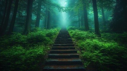 Obraz premium Mystical stone staircase ascending through a fog-laden, verdant forest.
