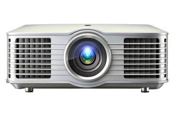 Modern white digital projector with blue light emitting from lens