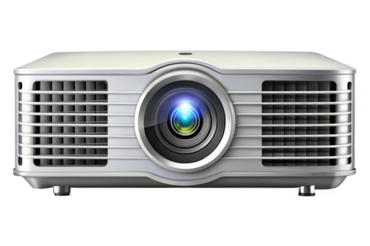 Modern white digital projector with blue light emitting from lens