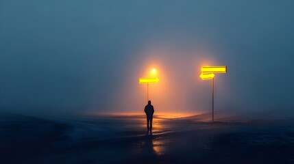 Man standing at crossroads with signs pointing in different directions, foggy background. Concept : Life choices, decision-making, uncertainty, direction, personal journey, crossroads symbolism, futur