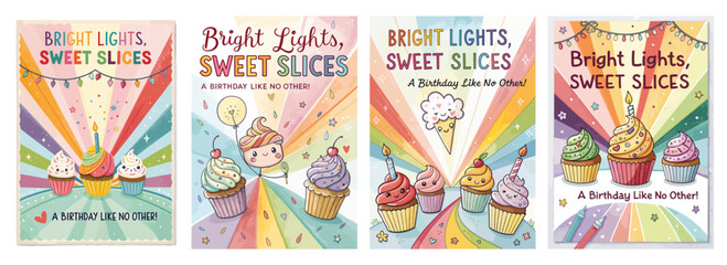 Colorful birthday cards featuring playful cupcakes and festive designs celebrating a special occasion.