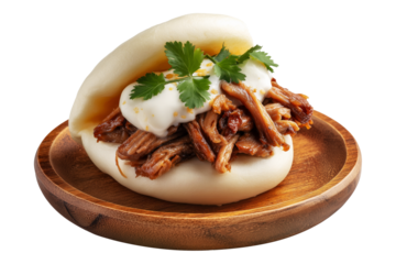 Polynesian steamed bao bun filled with shredded pork, creamy sauce, and cilantro leaves, isolated on white transparent background, concept of Polynesian Snacks Keke Pua street food