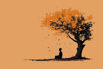 Minimalist line drawing of a calm silhouette sitting under a large tree with falling leaves, symbolizing mindfulness, balance, and peace, muted autumn colors for mental health,mindfull