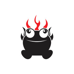 Black devilish creature with red flames and wide eyes on white background