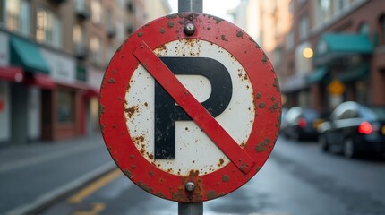 Close up of a weathered no parking sign with a red border and black letter on a city street
