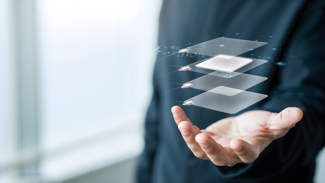 Businessman holding floating digital transparent layers of data
