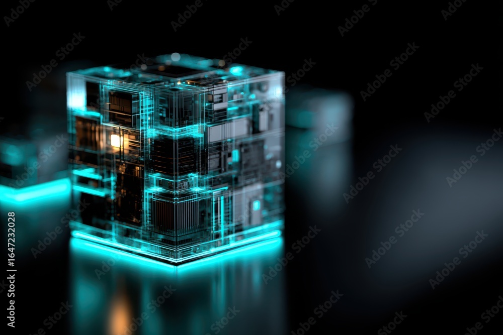 Poster a futuristic cube with a mesmerizing glowing light inside, representing quantum physics and advanced