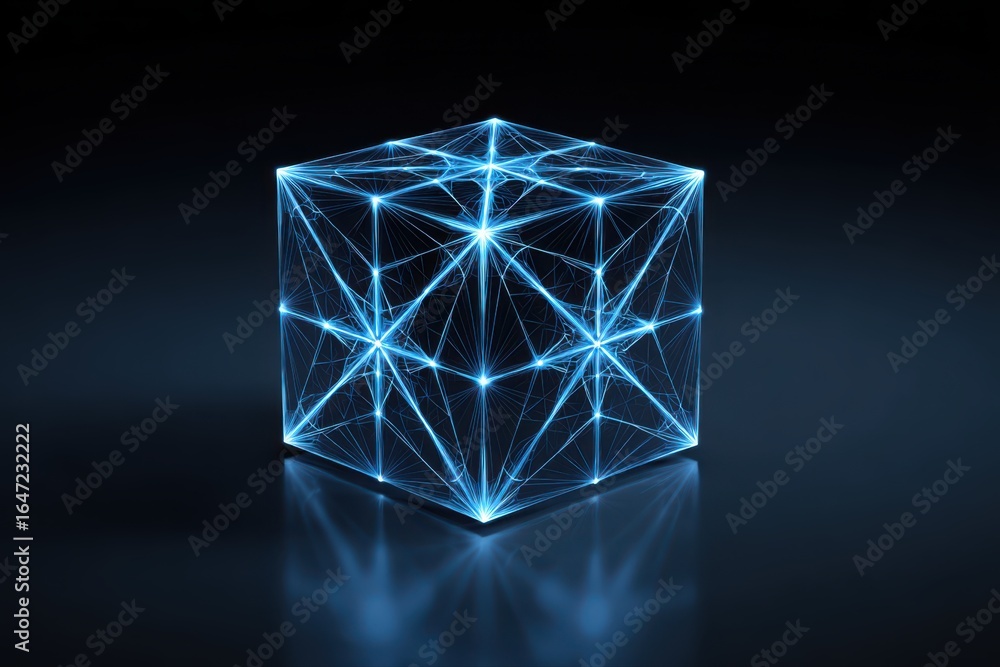 Poster a futuristic blue cube with a mesmerizing pattern of lines and stars, glowing with a mysterious ener